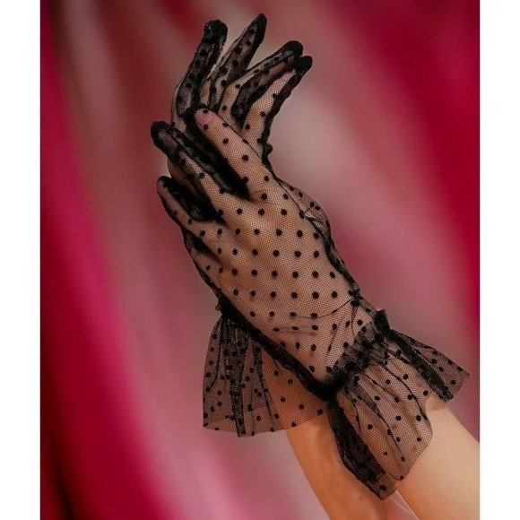Accessories - New Black Retro Mesh Polka Dot Bridal Gloves Wrist Length Vintage Hand Coquette